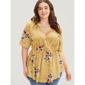 Bloomchic Floral Print Wrap Ruffles Asymmetrical Hem Blouse Yellow Size 12 NWT